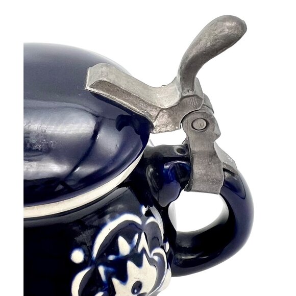 Vintage Wekara German Lidded Mustard Pot Stein Blue White Stoneware 3.5"H - Picture 3 of 7